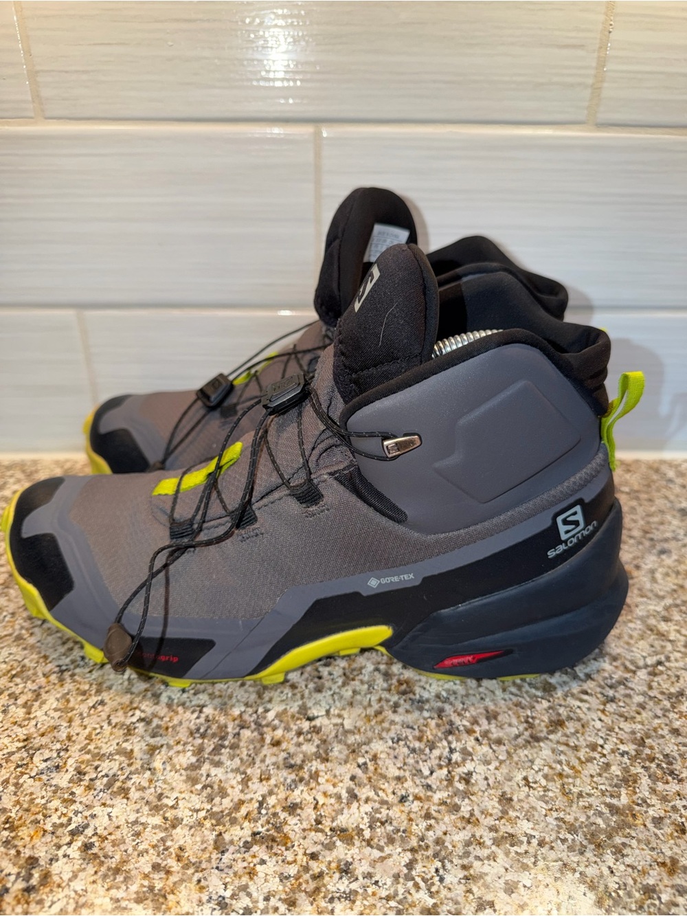 Salomon Gray and Neon Yellow Mid-Top Hiking Boots